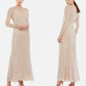 MAC DUGGAL 93629 SEQUINED HIGH NECK LONG SLEEVE TRUMPET ROSE GOLD GOWN sz 16